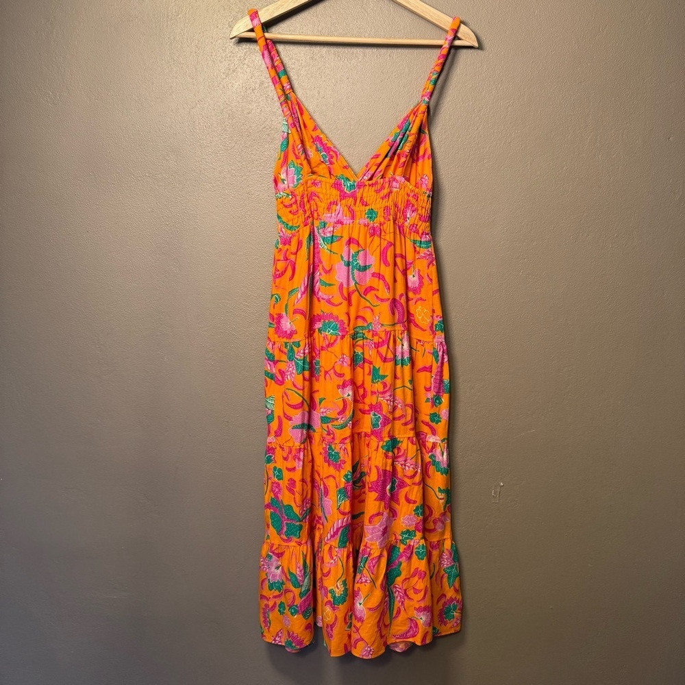 10 Crosby Derek Lam Cecelia Tiered Printed Linen-blend Orange Midi Dress Size 4 - Picture 9 of 16
